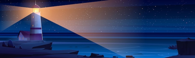 Faro en acantilado de roca en la orilla del mar por la noche. ilustración de dibujos animados de vector de paisaje de verano de la costa del océano con baliza con haz de luz, construcción de viviendas y estrellas en el cielo