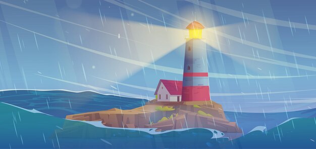Faro en la isla del acantilado en vector de mar de tormenta