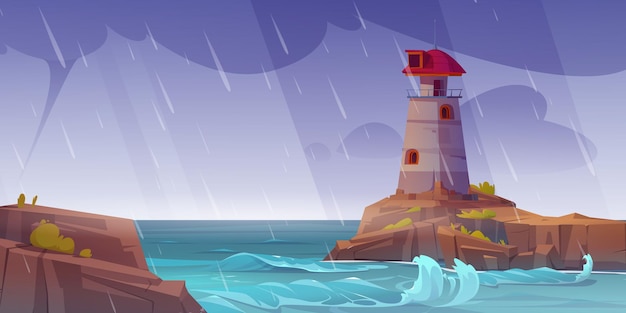 Faro en la isla de la roca en el mar en tormenta