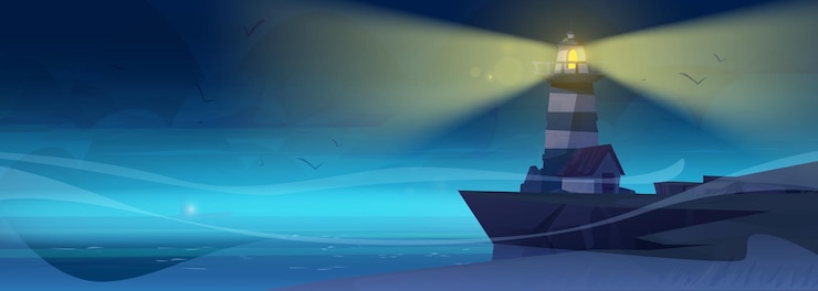 Vector gratuito faro nocturno en el paisaje de agua de mar con cielo