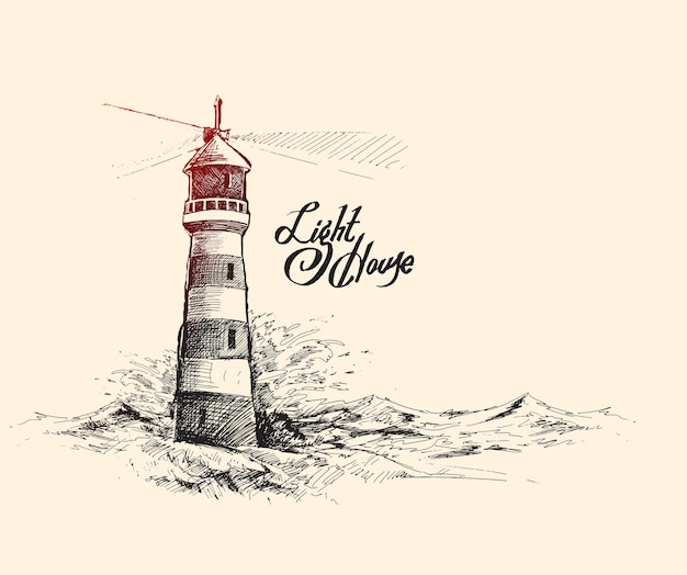 Faro con olas del mar Ilustración de vector de boceto dibujado a mano
