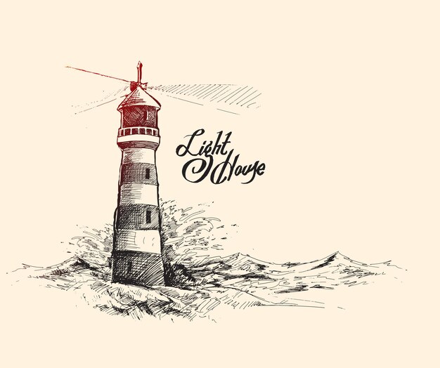 Faro con olas del mar Ilustración de vector de boceto dibujado a mano