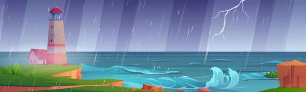 Faro sobre un acantilado de roca en la orilla del mar bajo la lluvia. Ilustración de dibujos animados de vector de paisaje de verano de la costa del océano con baliza y tormenta con rayos y olas en el mar