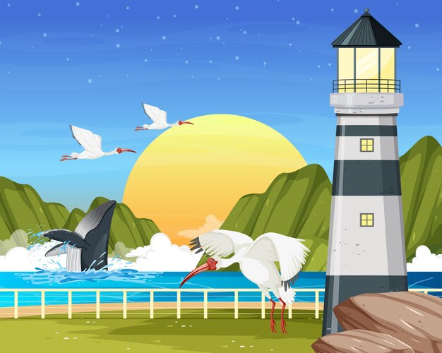 Faro en vista de la costa con pájaros ibis blancos americanos