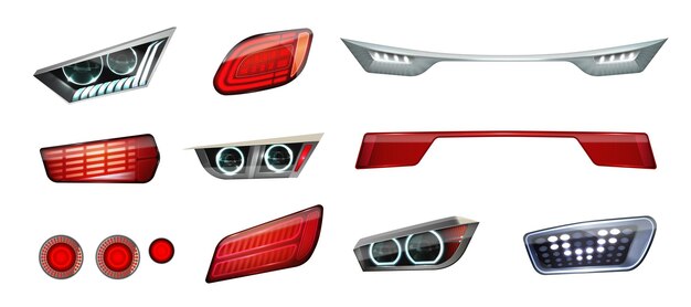 Faros de coche realistas conjunto de iconos realistas luces delanteras y traseras en ilustración vectorial roja y blanca