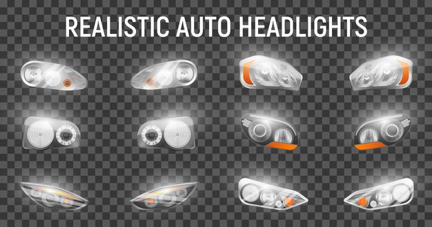 Faros delanteros automáticos realistas en fondo transparente con imágenes brillantes de faros completos para la ilustración de automóviles