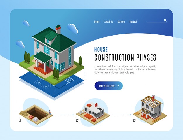 Fases de construcción de la casa plantilla de página de destino publicitaria para sitios web diseño isométrico ilustración vectorial