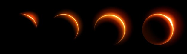 Las fases del eclipse solar con un anillo naranja de neón brillante