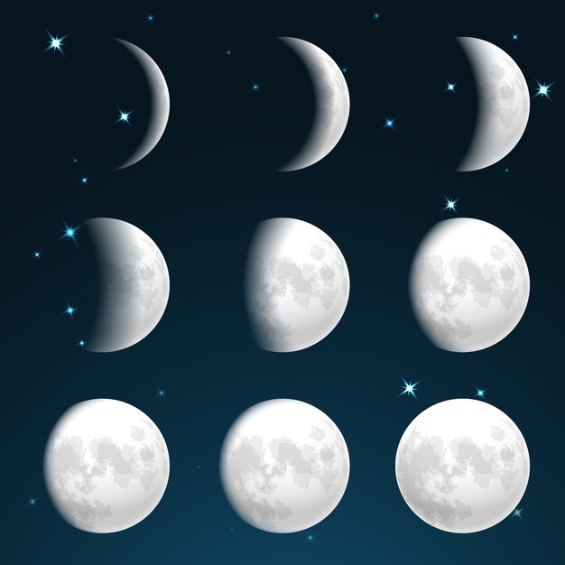 Fases de la luna en el cielo estrellado.