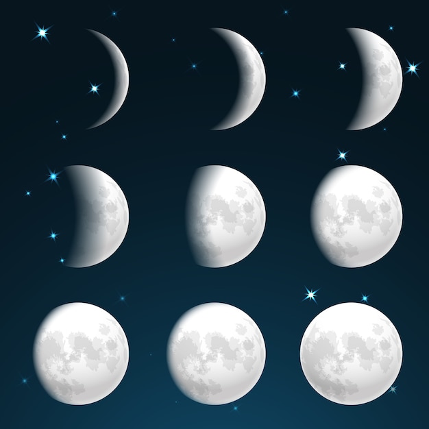 Fases de la luna en el cielo estrellado.