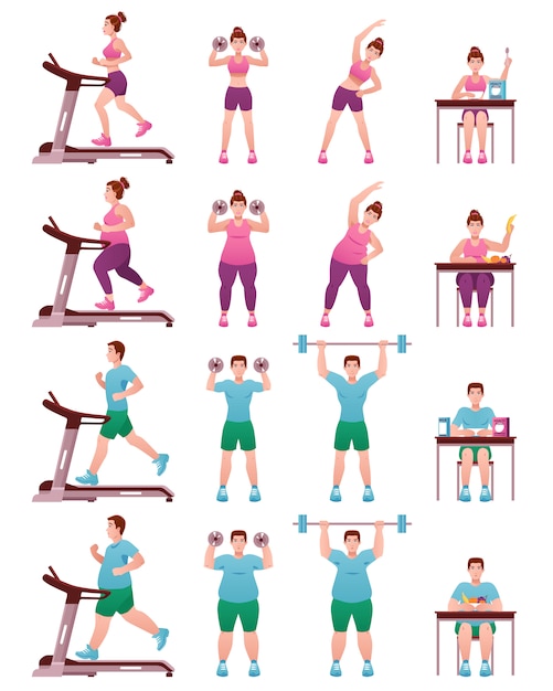 Vector gratuito fat slim fitness people icon set