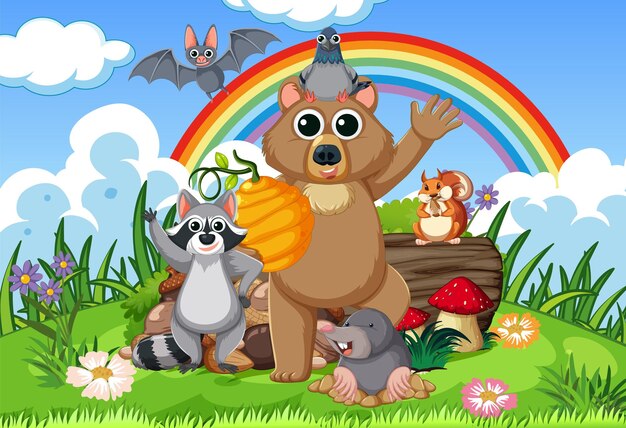 Felices animales salvajes con paisaje de arcoíris