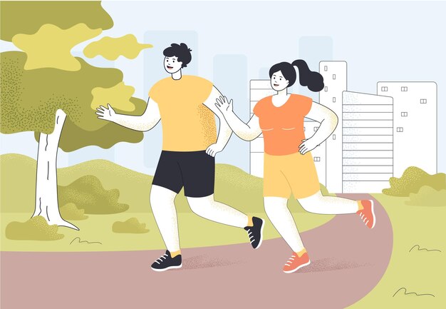 Felices caricaturistas trotando en verano. Atletas masculinos y femeninos corriendo maratón en el parque juntos ilustración vectorial plana. Estilo de vida saludable, deportes, recreación, concepto de fitness para banner