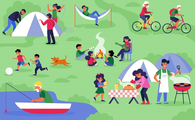 Felices diversos turistas acampando en la naturaleza