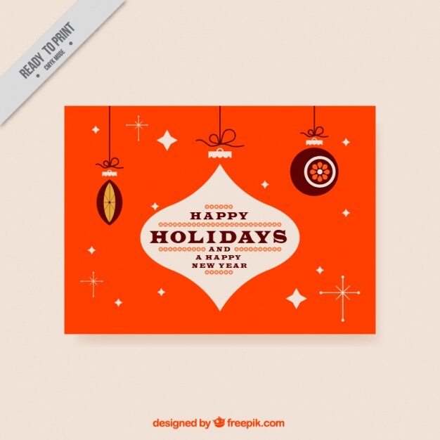 Felices fiestas con una tarjeta naranja con bolas de navidad