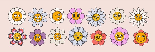 Felices flores de margarita groovy conjunto facial personajes de flores funky o cariñosas manzanillas