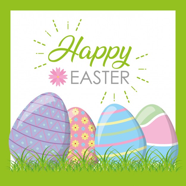 Felices huevos de pascua en la tarjeta de felicitación de hierba
