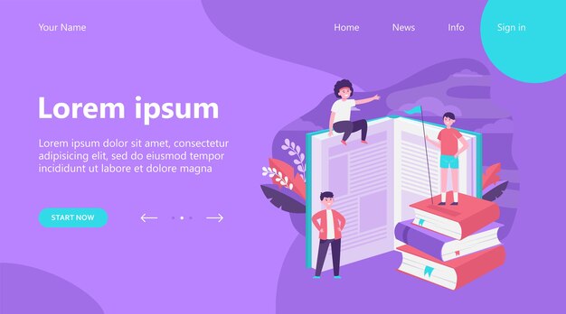 Felices lectores deportivos entre libros. Estudiante de pie sobre una pila de libros, obteniendo conocimientos, estudiando ilustración vectorial plana. Biblioteca, diseño de sitio web de concepto de educación o página web de destino