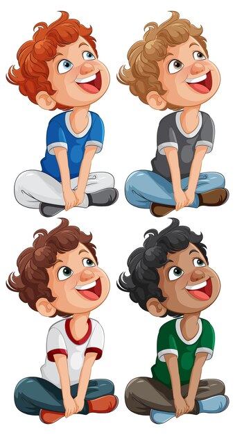 Felices niños de dibujos animados sentados y sonrientes