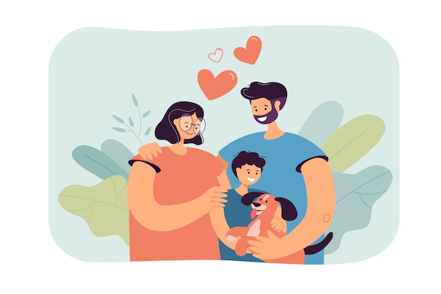Felices padres jóvenes con niños y perros aislados ilustración plana