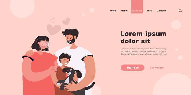 Felices padres jóvenes con página de destino para niños y perros en estilo plano