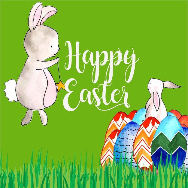 Felices Pascuas Saludo Conejito Azul Marrón Huevos Coloridos Sobre Fondo Verde