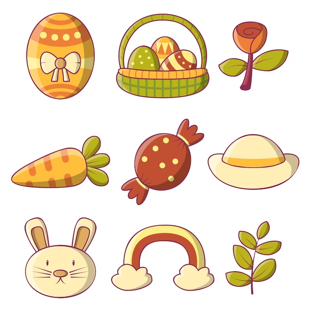 Felices pascuas en vacaciones de primavera huevos de pascua en el nido conjunto huevo colorido decorado huevos pintados para cazar ilustración vectorial