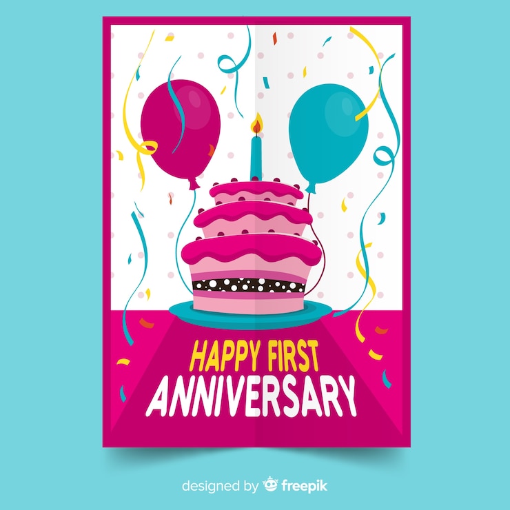 Vector gratuito felicitación primer cumpleaños tarta con confeti