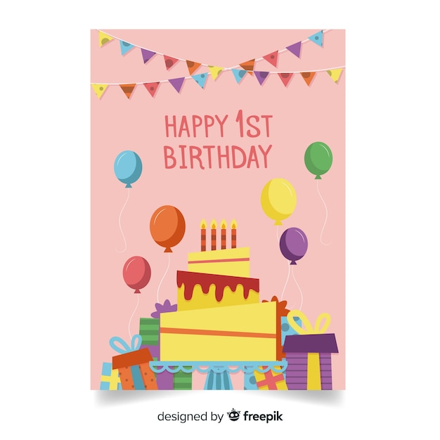 Felicitación primer cumpleaños tarta regalos