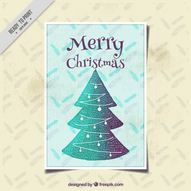 Felicitación vintage con árbol de navidad pintado a mano
