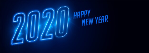 Feliz año nuevo 2020 banner de estilo neón azul