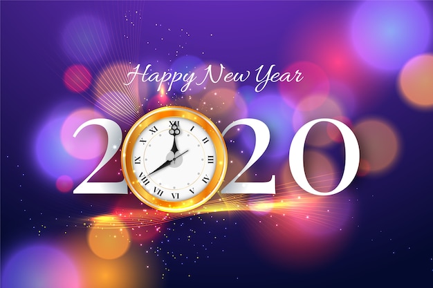 Feliz año nuevo 2020 con fondo de reloj y bokeh