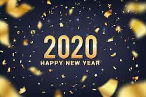 Vector gratuito feliz año nuevo 2020 letras con fondo de decoración realista