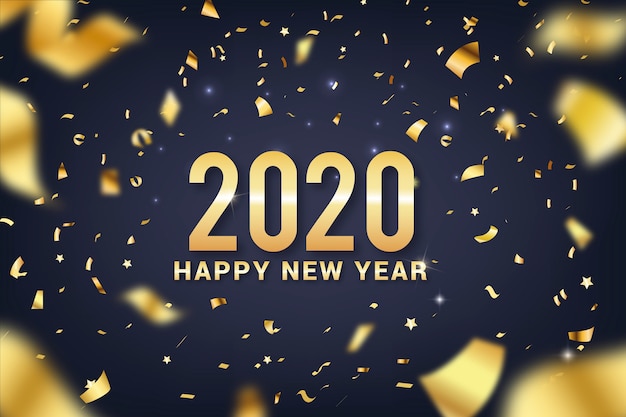 Feliz año nuevo 2020 letras con fondo de decoración realista