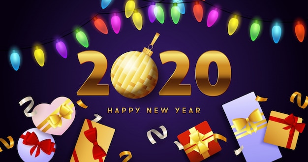 Feliz año nuevo 2020 letras, guirnaldas de luces y cajas de regalo