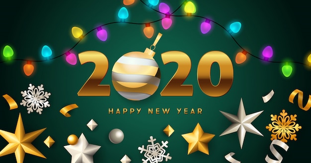 Feliz año nuevo 2020 letras con guirnaldas de luces, estrellas