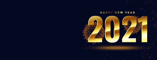 Feliz año nuevo 2021 diseño de banner de fuegos artificiales dorados
