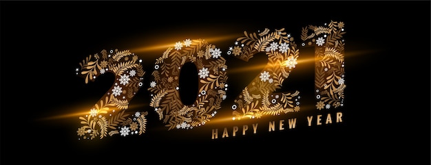 Vector gratuito feliz año nuevo 2021 floral brillante en banner negro