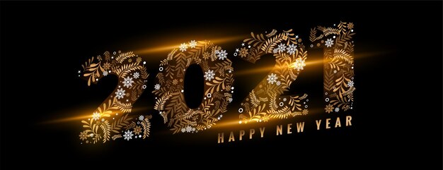 Feliz año nuevo 2021 floral brillante en banner negro