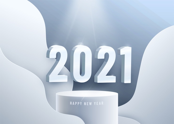 Vector gratuito feliz año nuevo 2021. grandes números 3d en el podio circular