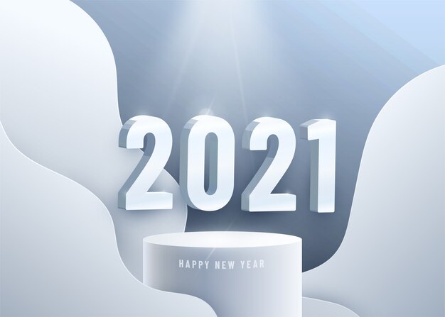 Feliz año nuevo 2021. Grandes números 3d en el podio circular