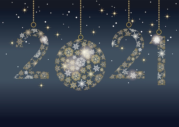 Feliz año nuevo 2021 tarjeta de felicitación con número de copos de nieve