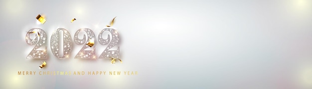 Feliz año nuevo 2022 banner. Texto de lujo de Vector de plata 2022 Feliz año nuevo. Diseño de números festivos. Banner de feliz año nuevo con 2022 números.