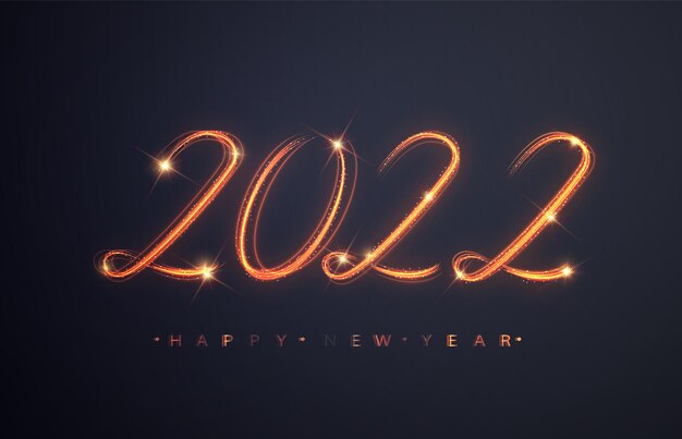 Feliz año nuevo 2022. Brillantes números ardientes 2022. Hermoso objeto de superposición que brilla intensamente para el diseño de tarjetas de felicitación navideñas, cartelera y banner web.