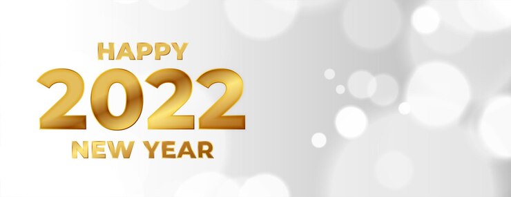 Vector gratuito feliz año nuevo 2022 diseño de banner de bokeh de texto dorado