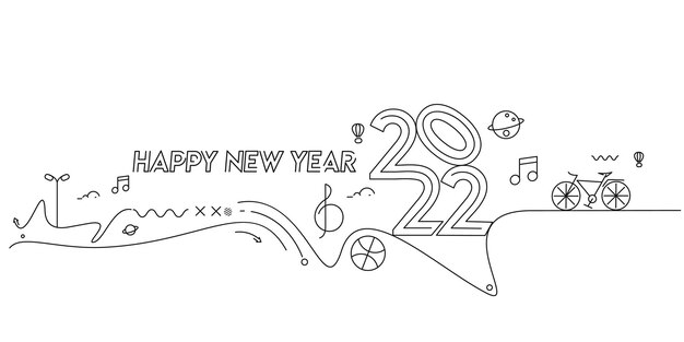 Feliz año nuevo 2022 con elemento de diseño musical, ilustración vectorial.