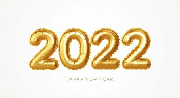 Feliz año nuevo 2022 globos de lámina de oro metálico sobre un fondo blanco. Globos de helio dorado número 2022 año nuevo. Ilustración de Ve3ctor EPS10