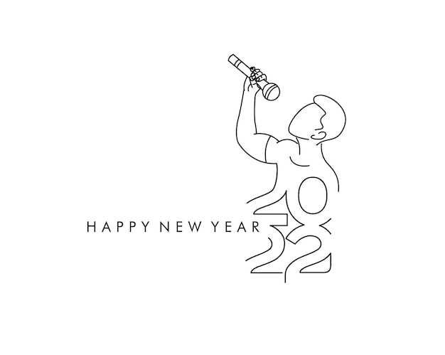 Feliz año nuevo 2022 hombre con micrófono, ilustración vectorial.