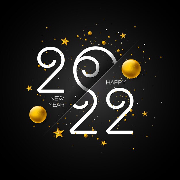 Feliz año nuevo 2022 ilustración con tipografía número estrella dorada y bola ornamental navideña