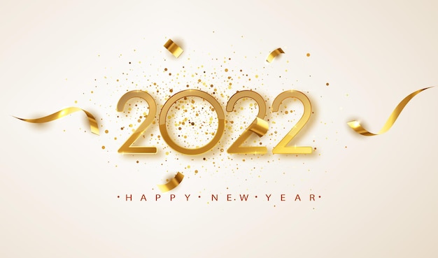 Feliz año nuevo 2022. Números de oro con cintas y confeti sobre un fondo blanco. Banner para encabezados de vacaciones de Navidad e invierno, volantes de fiesta.